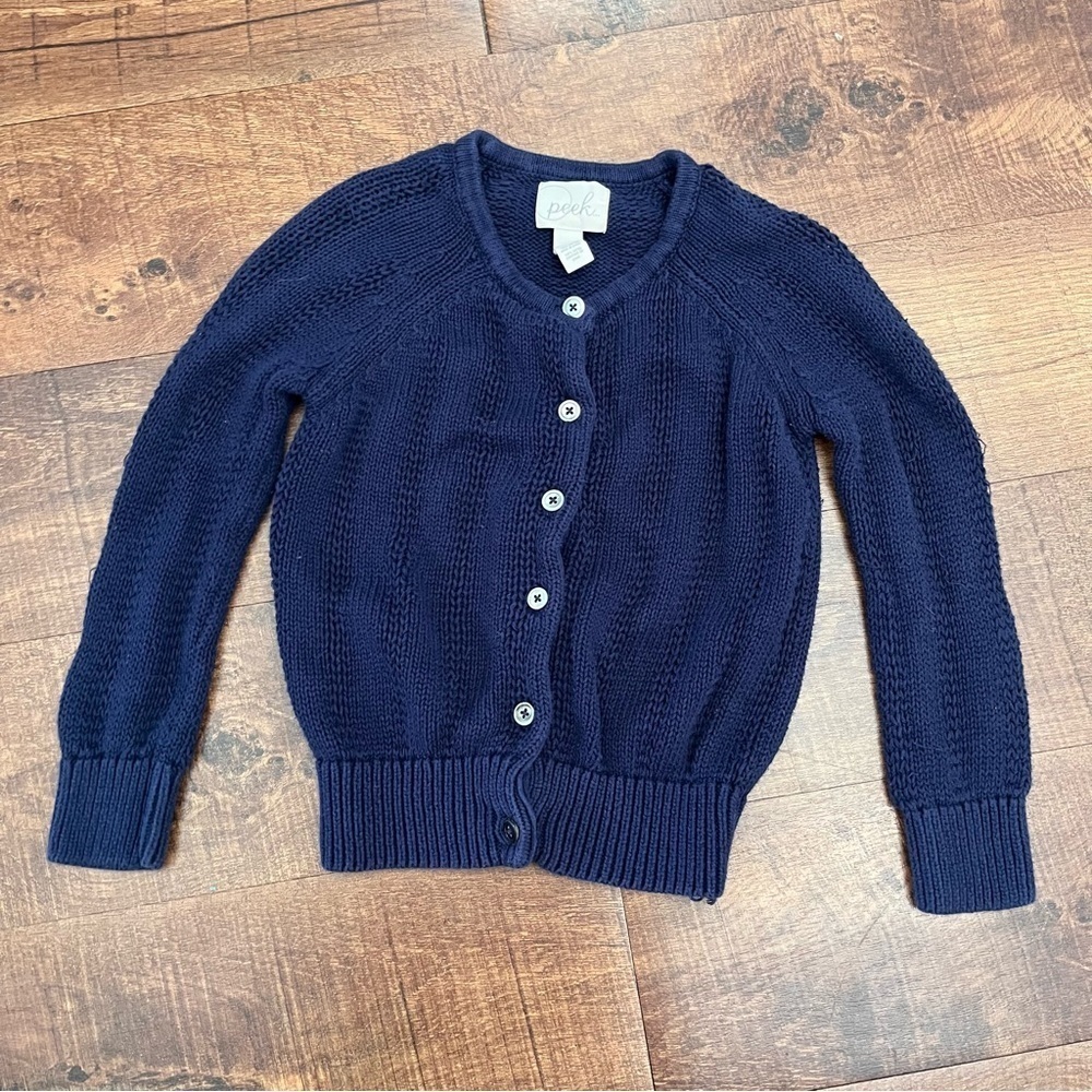 Peek brand girls button down cardigan knit sweater Sz medium 6/7 blue cotton